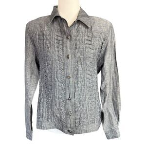 Vtg 80's Blouse 100% Linen Gray Button Up Pleats Shoulder Pads L Classic Career
